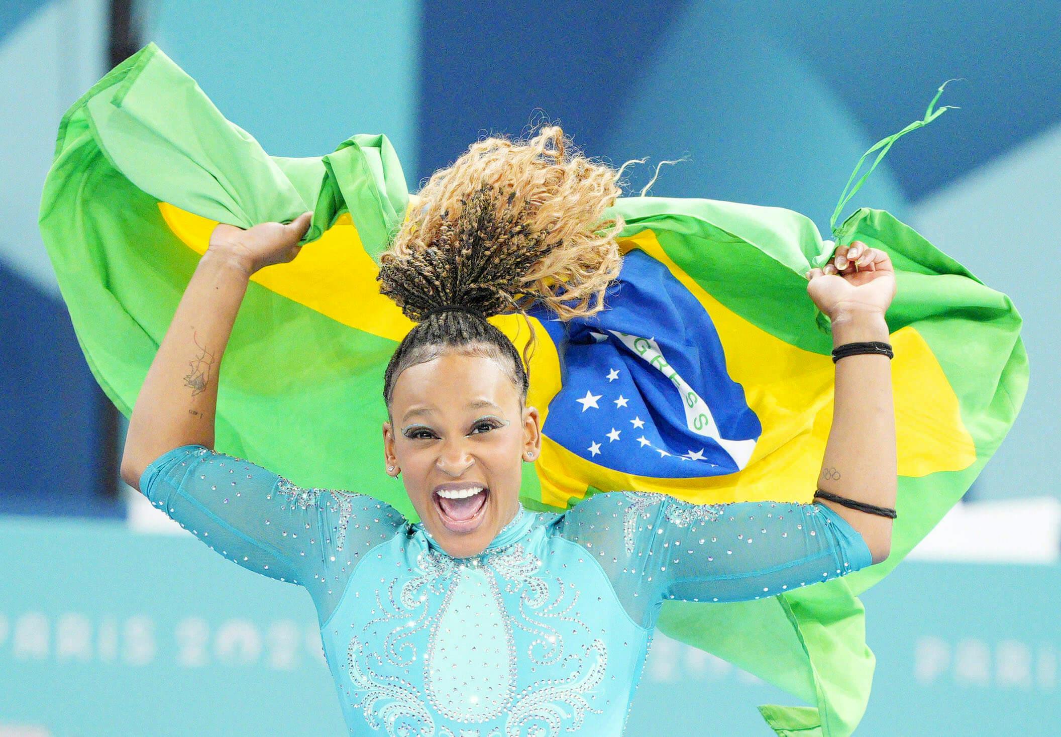 Rebeca Andrade of Brazil celebrates after winning gold in the women's artistic gymnastics floor exercise at the Paris Olympics at Bercy Arena in Paris on Aug. 5, 2024. (Photo by Kyodo News/Sipa USA)