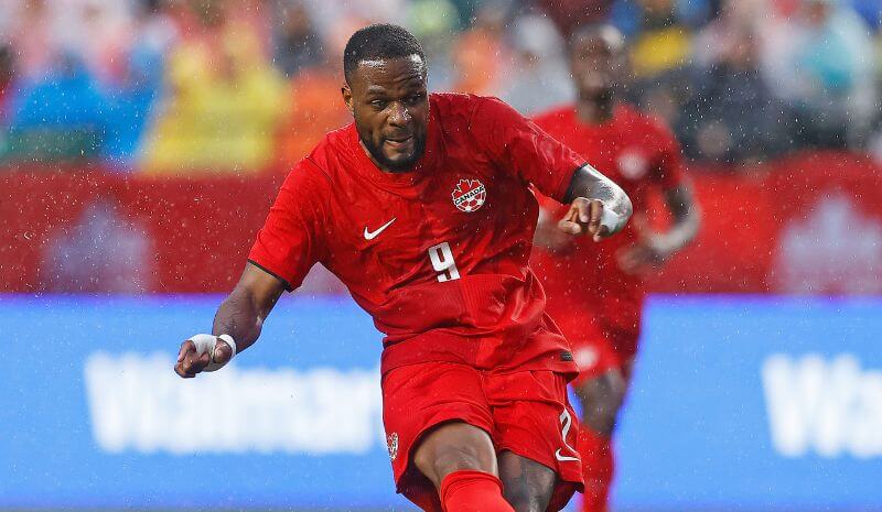 Team Canada forward Cyle Larin (9) makes a pass.