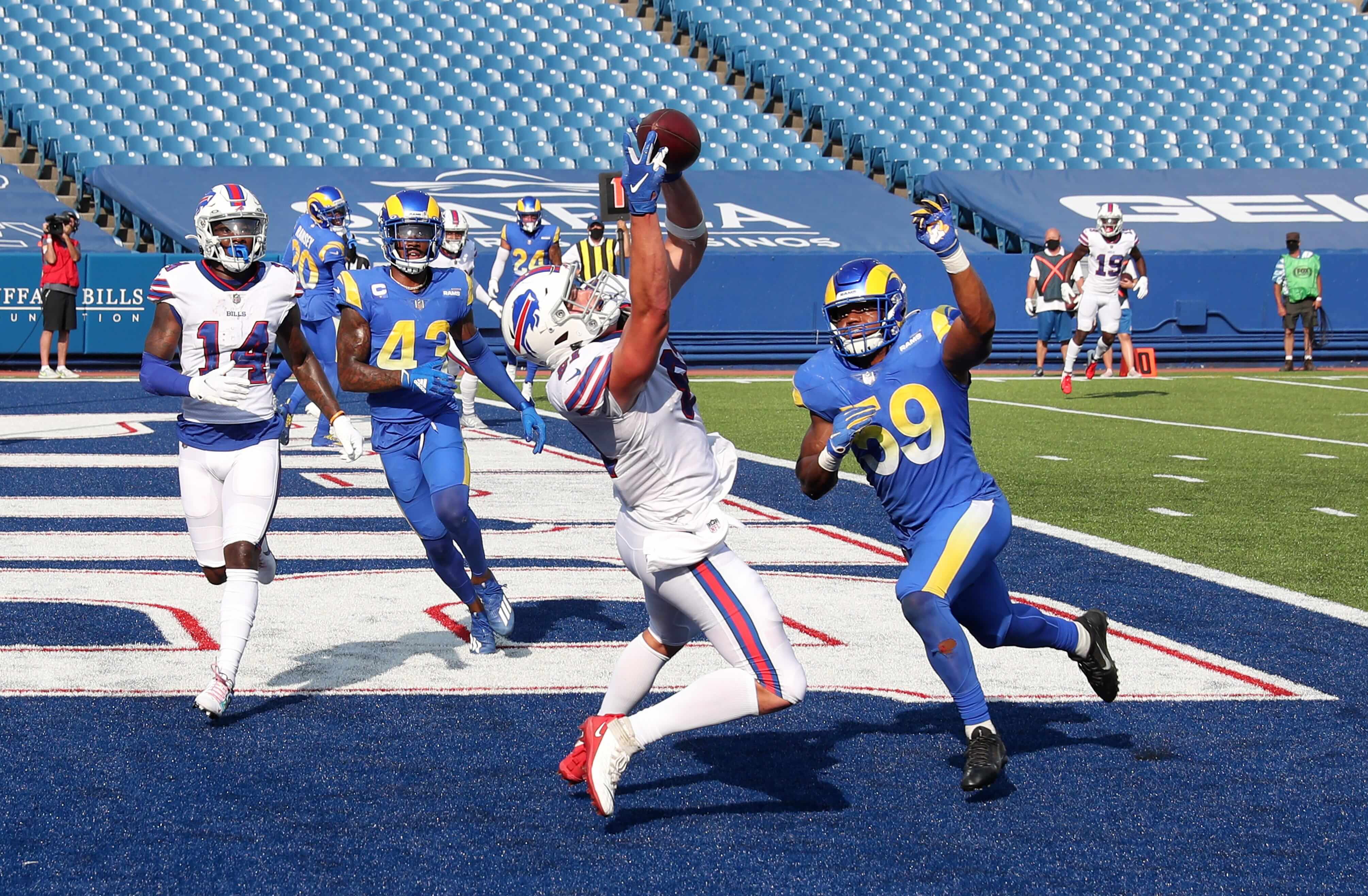 THE PHOTO: Bills tight end Tyler Kroft catches this three-yard touchdown pass over Rams Micah Kiser for the game-winning score with 15 seconds left in the game. The Bills beat the Rams 35-32.
