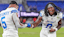 Detroit Lions running back David Montgomery (5), left, and running back Jahmyr Gibbs (0) celebrates 38-30 win over Baltimore Ravens at M&T Bank Stadium in Baltimore.