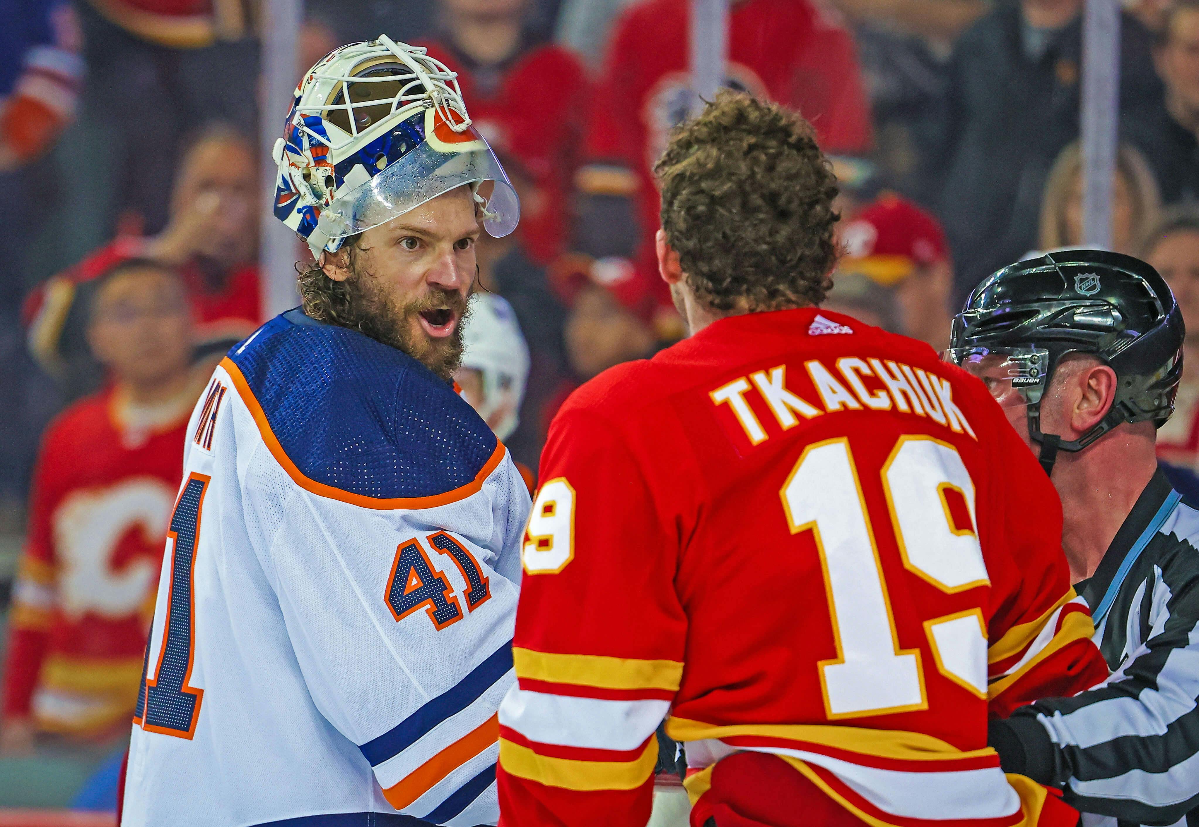 Matt Tkachuk Calgary Flames Mike Smith Edmonton Oilers NHL