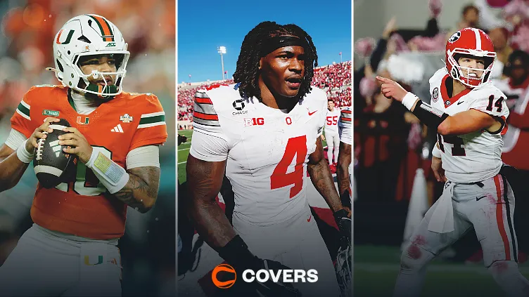 College football Week 9 against the spread picks. Custom image of Darian Mensah, Jeremiah Smith, and Gunner Stockton.