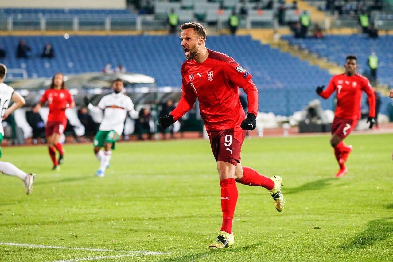 Haris Seferovic of Switzerland jubilates after his goal for 2:0 during the FIFA World Cup 2022 Qatar qualifying match between Bulgaria and Switzerland at Vasil Levski National Stadium on March 25, 2021 in Sofia, Bulgaria. (Photo by Eurasia Sport Images/Get