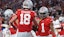 Ohio State Buckeyes running back Quinshon Judkins (1) celebrates after a touchdown with quarterback Will Howard (18) 