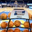 A rack of basketballs with the March Madness logo before that start of the UCLA Bruins - Ohio State Buckeyes game at Pauley Pavilion presented by Wescom. Mandatory Credit: Robert Hanashiro-Imagn Images