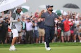 JJ Spaun celebrates after putting on the 18th green to win during the final round of the U.S. Open golf tournament. Bill Streicher-Imagn Images