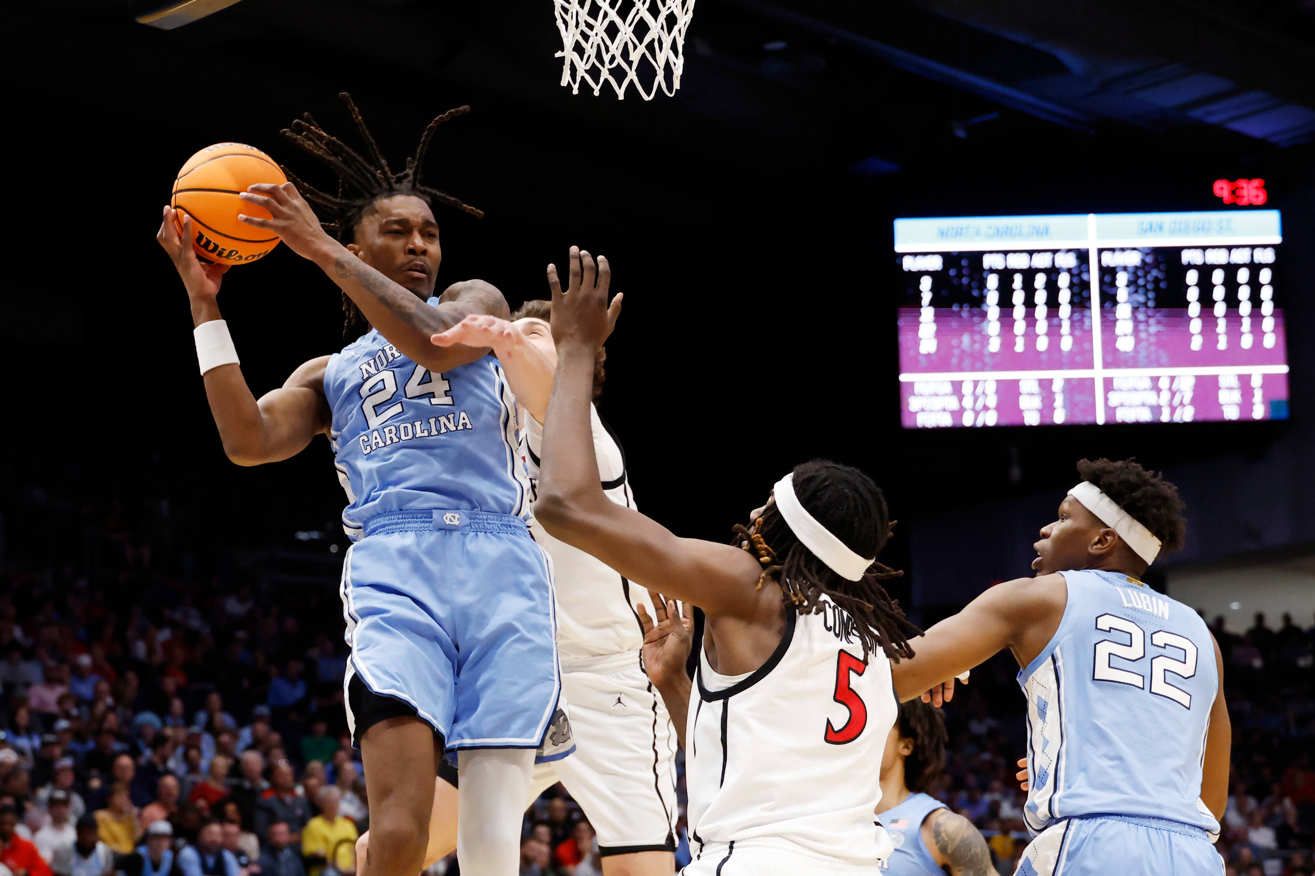 North Carolina Tar Heels forward Jae'Lyn Withers (24) controls a rebound in front of San Diego State Aztecs forward Pharaoh Compton (5) in the first half at UD Arena. Rick Osentoski-Imagn Images