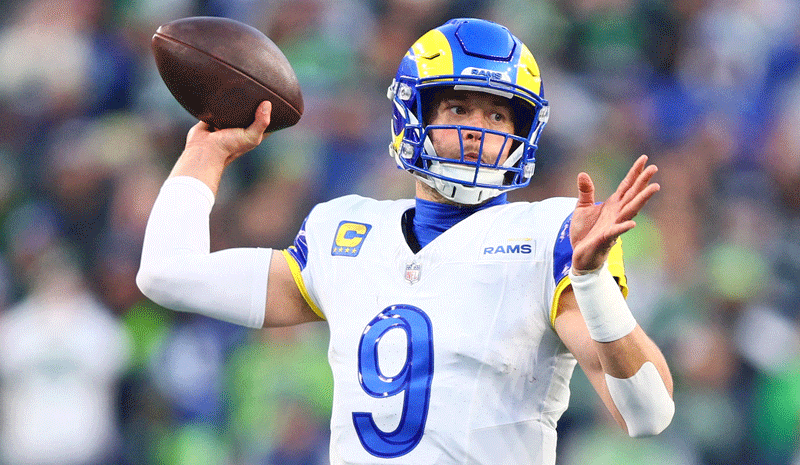 atthew Stafford (9) passes against the Seattle Seahawks during the first half in the 2026 NFC Championship Game.
