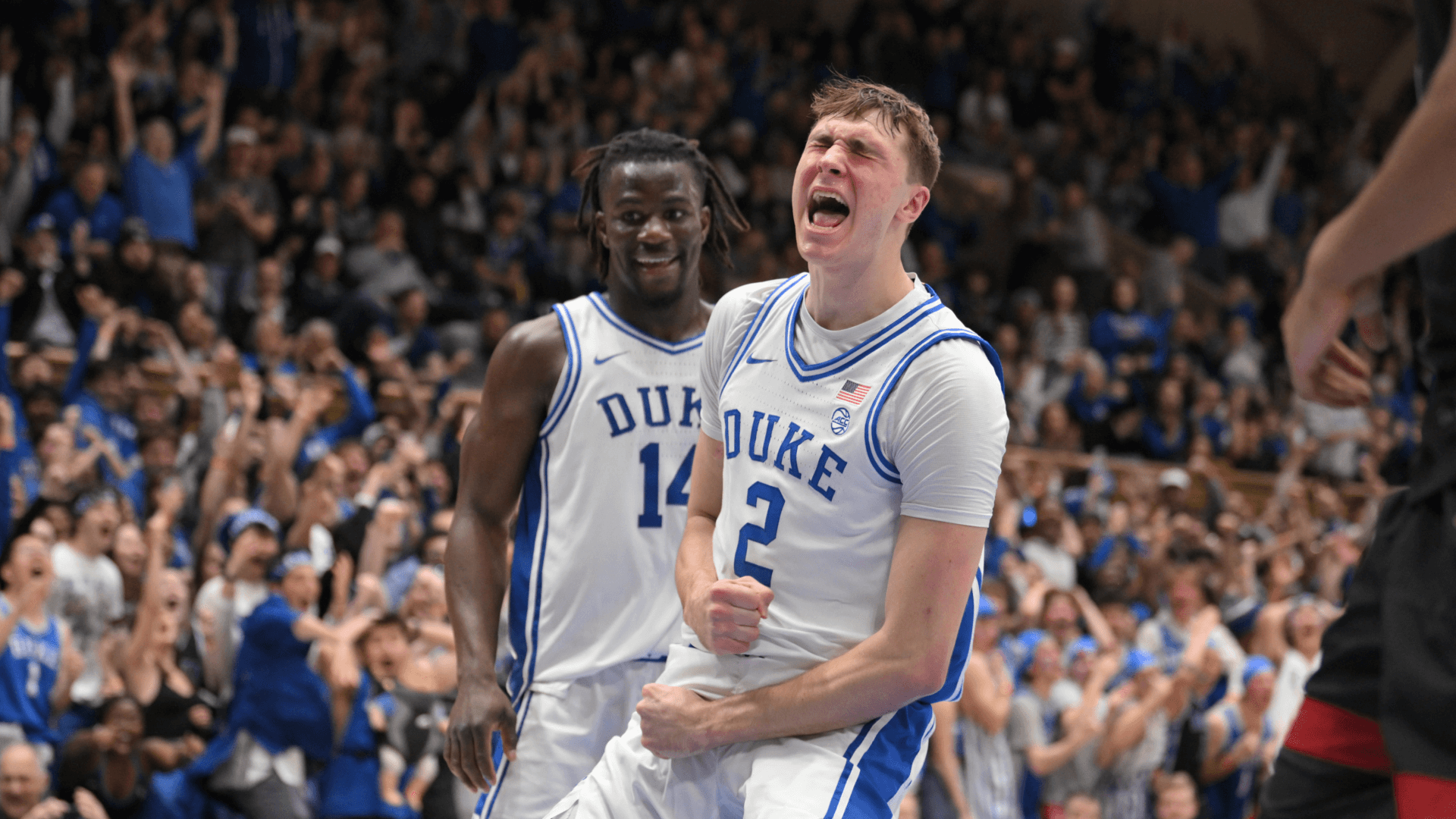 Duke Blue Devils forward Cooper Flagg (2) celebrating after dunking against the Stanford Cardinal.