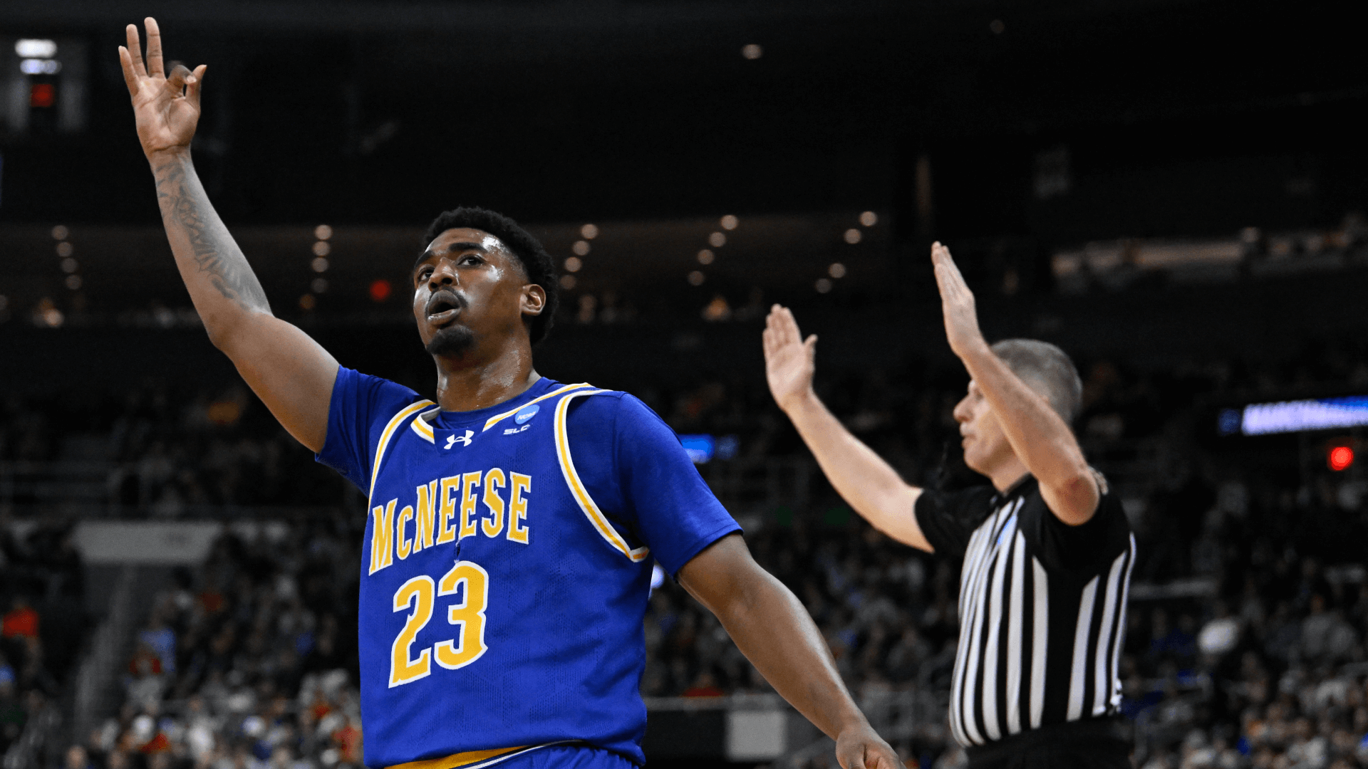 McNeese State Cowboys guard Brandon Murray (23) celebrates after a three point basket against the Clemson Tigers.