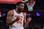 New York Knicks center Karl-Anthony Towns (32) reacts during the first half against the Utah Jazz at Madison Square Garden. Mandatory Credit: Vincent Carchietta-Imagn Images