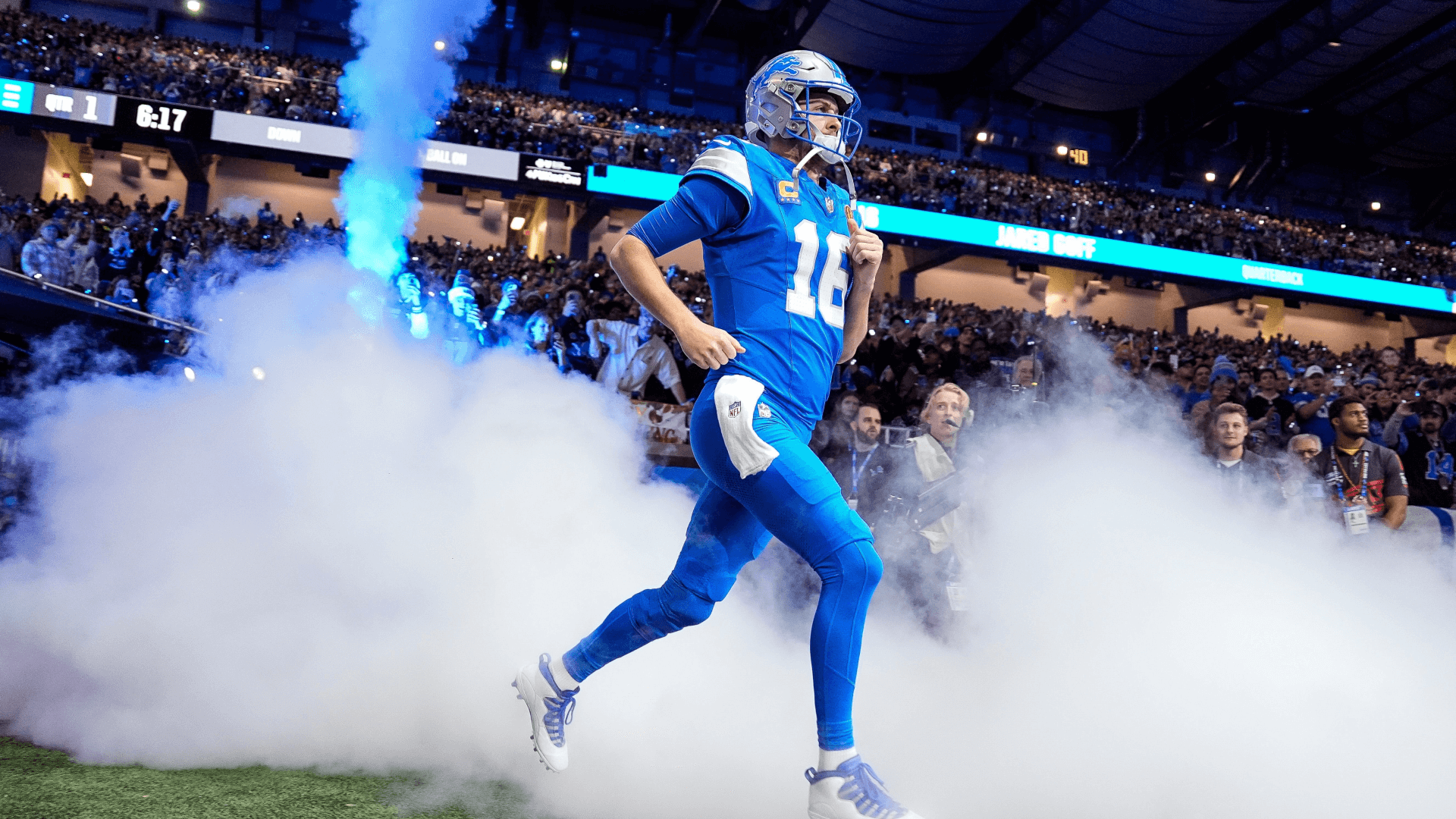 Detroit Lions quarterback Jared Goff takes the field during introductions before the first half against the Chicago Bears.