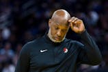 Portland Trail Blazers Head Coach Chauncey Billups reacts during a time-out in the second quarter against the Golden State Warriors at Chase Center. John Hefti-Imagn Images