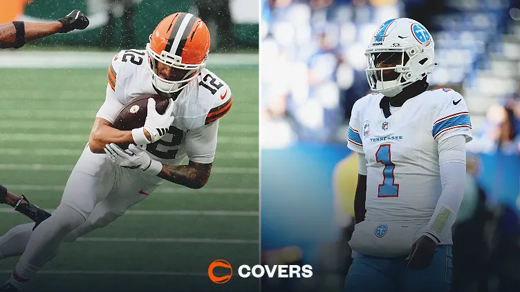 Browns vs. Titans prediction. Custom image of Denzel Boston and Cam Ward.