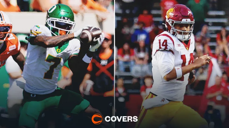Oregon vs. USC Prediction, college football. Oregon receiver Evan Stewart and USC QB Jayden Marava.