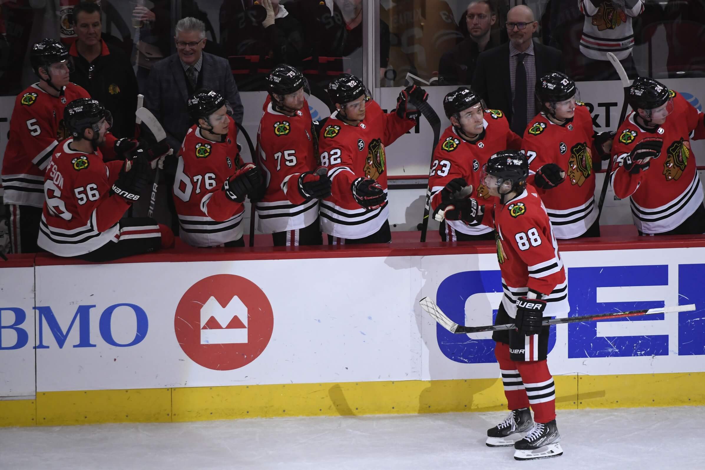 Feb 25, 2022; Chicago, Illinois, USA; Chicago Blackhawks right wing Patrick Kane (88) celebrates with teammates after scoring a goal against the New Jersey Devils during the second period at the United Center.