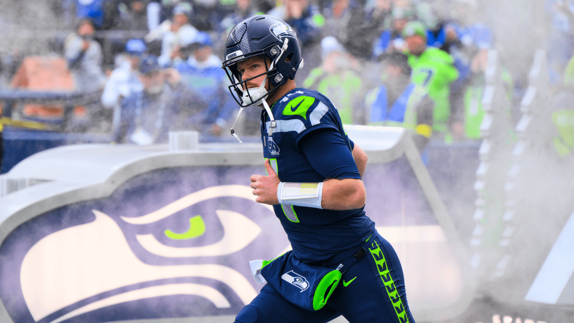 Seattle Seahawks quarterback Sam Darnold (14) exits the tunnel during player introductions.