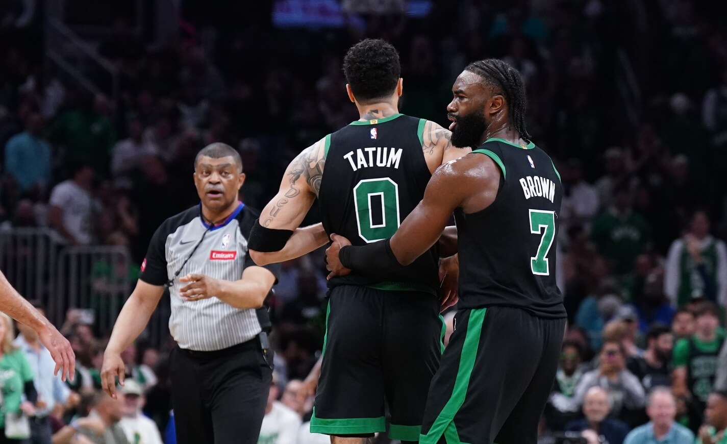 Boston Celtics forward Jayson Tatum (0) called for a technical foul as they take on the Cleveland Cavaliers in the second quarter during game five of the second round for the 2024 NBA playoffs at TD Garden. Mandatory Credit: David Butler II-USA TODAY Sport