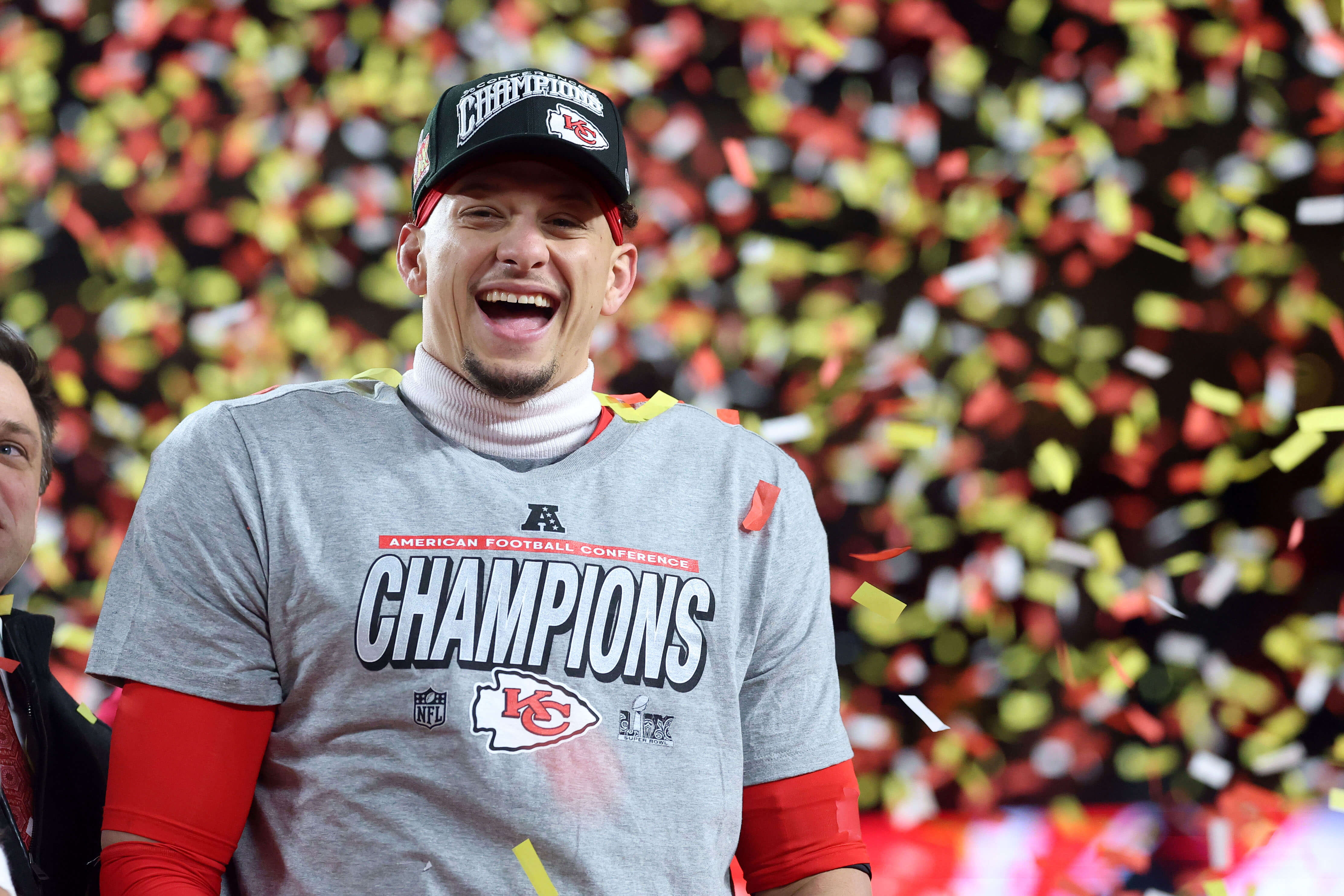  Kansas City Chiefs quarterback Patrick Mahomes (15) reacts on stage after the AFC Championship game against the Buffalo Bills.