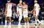 Washington Wizards Kyle Kuzma (33) and Bilal Coulibaly (0) and Jordan Poole (13) and Daniel Gafford (21) and Tyus Jones (5) during the third quarter against the Philadelphia 76ers at Wells Fargo Center.