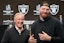 Las Vegas Raiders defensive end Maxx Crosby (right) and coach Pete Carroll at press conference at Intermountain Health Performance Center. Mandatory Credit: Kirby Lee-Imagn Images