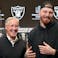 Las Vegas Raiders defensive end Maxx Crosby (right) and coach Pete Carroll at press conference at Intermountain Health Performance Center. Mandatory Credit: Kirby Lee-Imagn Images