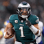 Philadelphia Eagles quarterback Jalen Hurts (1) runs for a touchdown against the Los Angeles Rams.
