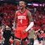 Houston Rockets guard Jalen Green (4) reacts after scoring a basket.