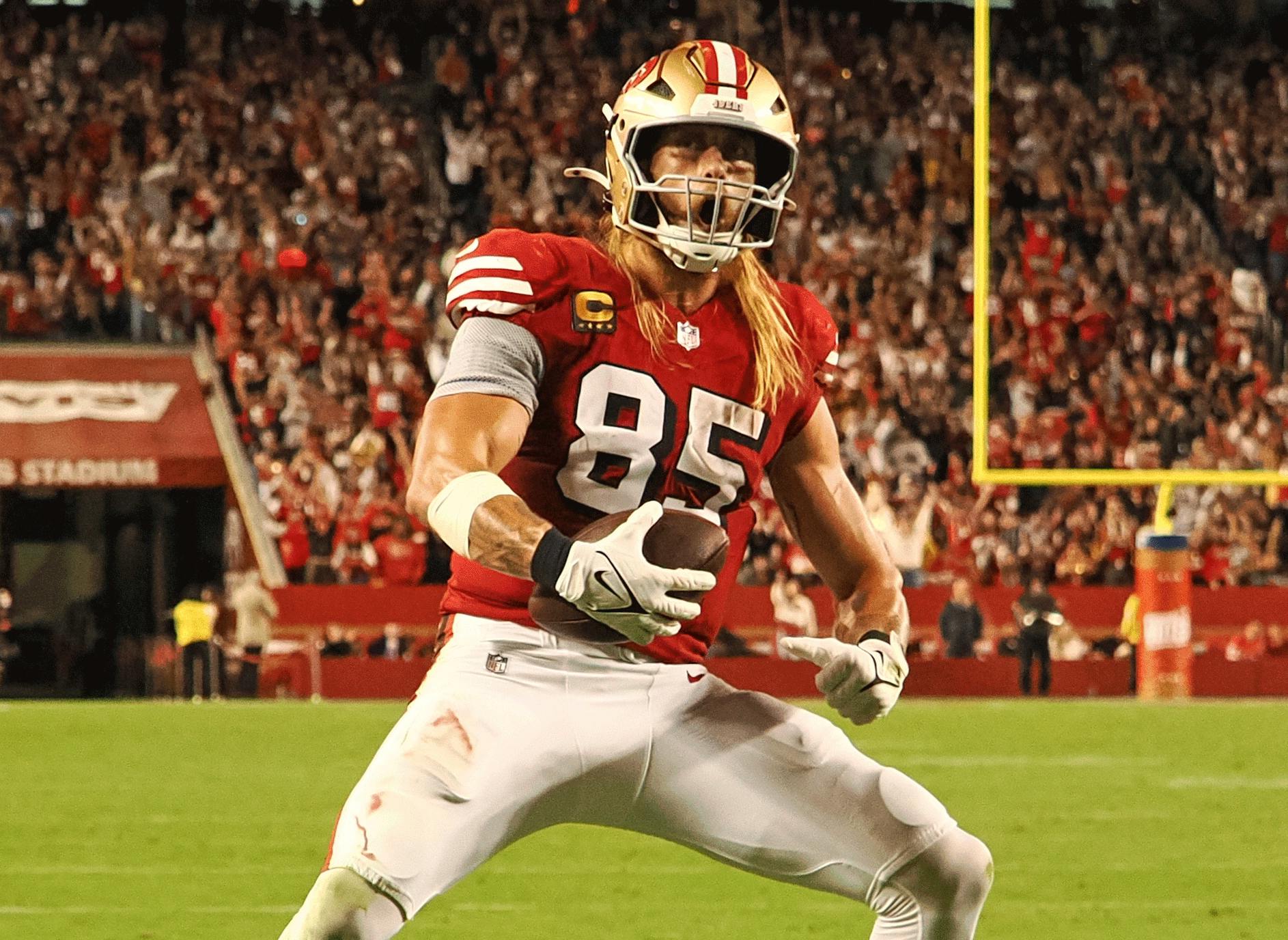 San Francisco 49ers tight end George Kittle (85) celebrates after scoring a touchdown against the Dallas Cowboys during the third quarter at Levi's Stadium. Mandatory Credit: Kelley L Cox-Imagn Images