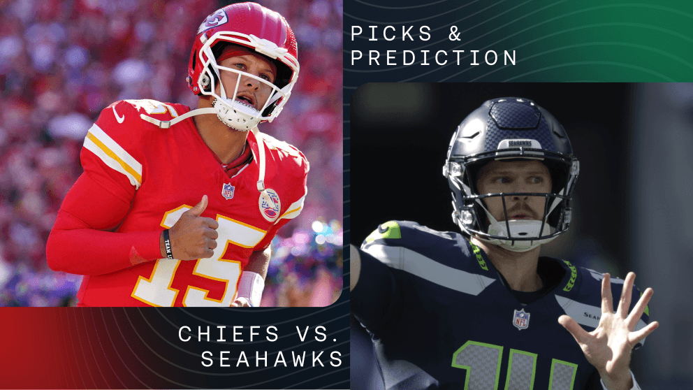 Chiefs vs Seahawks prediction. Custom image of Patrick Mahomes and Sam Darnold.