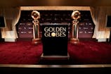 A podium stands near Golden Globe statues, ahead of the announcement of the nominations for the 83rd Golden Globe Awards in Beverly Hills, California, U.S., December 8, 2025. REUTERS/Mario Anzuoni