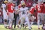 Michigan quarterback Davis Warren (16) celebrates a first down against Ohio State during the second half at Ohio Stadium in Columbus, Ohio on Saturday, Nov. 30, 2024.