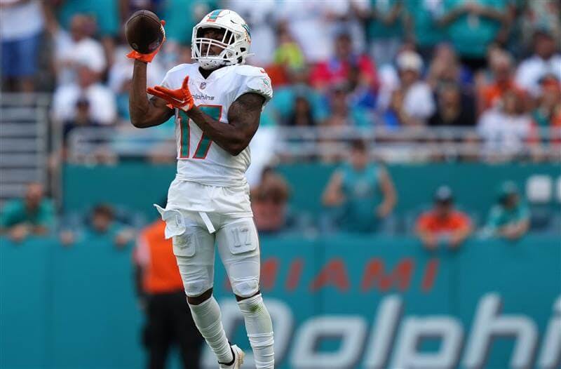 Miami Dolphins wide receiver Jaylen Waddle (17) catches a pass from quarterback Tua Tagovailoa (not pictured) during the second half against the Buffalo Bills at Hard Rock Stadium.