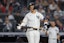 New York Yankees right fielder Aaron Judge (99) reacts after striking out during the sixth inning against the Los Angeles Angels at Yankee Stadium. Brad Penner-Imagn Images