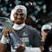 Philadelphia Eagles quarterback Jalen Hurts (1) celebrates with head coach Nick Sirianni after winning against Kansas City Chiefs in Super Bowl LIX.