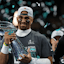 Philadelphia Eagles quarterback Jalen Hurts (1) celebrates with head coach Nick Sirianni after winning against Kansas City Chiefs in Super Bowl LIX.