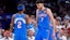Oklahoma City Thunder forward Chet Holmgren (7) and guard Shai Gilgeous-Alexander (2) celebrates.
