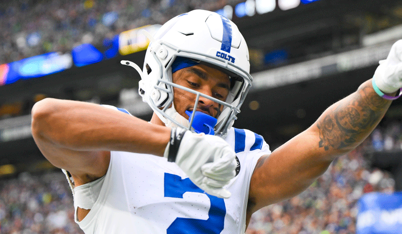 Indianapolis Colts wide receiver Josh Downs (2) celebrates after catching a touchdown pass against the Seattle Seahawks during the second quarter at Lumen Field.