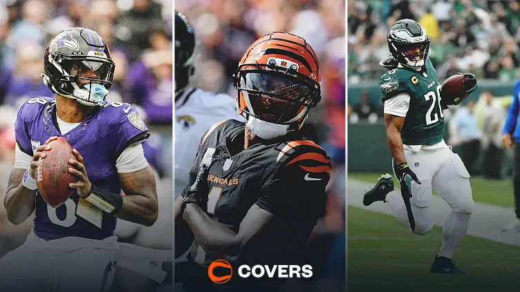 NFL Week 4 Injuries and futures markets. From left to right: Lamar Jackson, Ja'Marr Chase, Saquon Barkley.