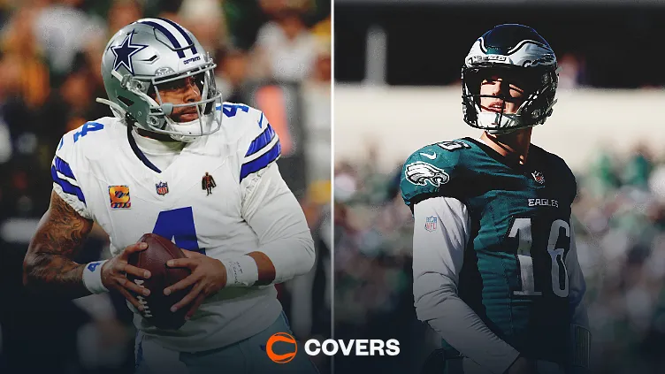 Cowboys vs. Eagles prediction. Custom image of Dak Prescott and Tanner McKee.
