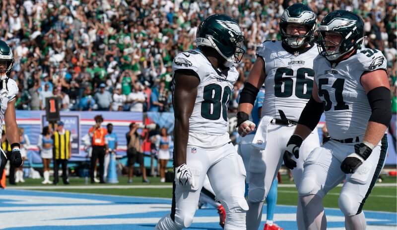 Philadelphia celebrates after wide receiver Darius Cooper (80) made a touchdown reception.