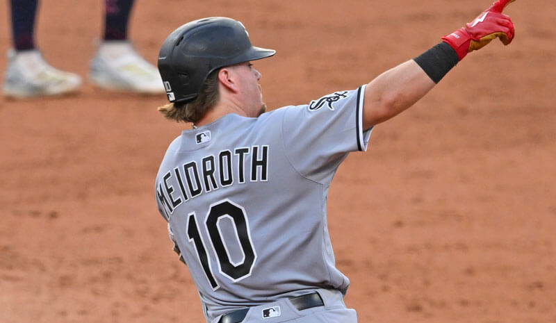 Chicago White Sox second baseman Chase Meidroth (10) celebrates a two-run home run.