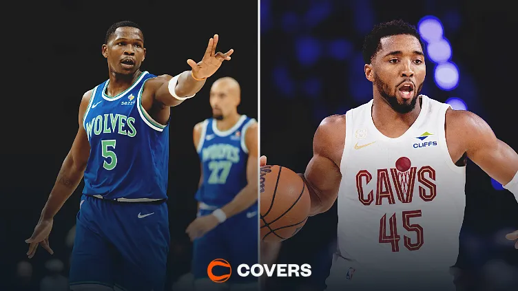 Timberwolves vs. Cavaliers prediction. Custom image of Anthony Edwards and Donovan Mitchell.