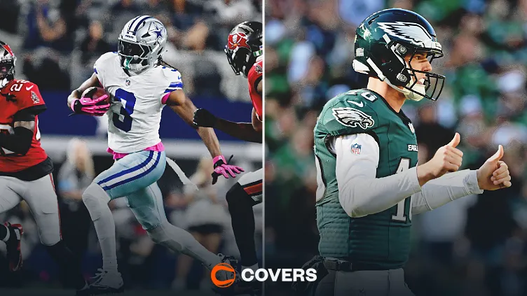 Cowboys vs. Eagles prediction. Custom image of George Pickens and Tanner McKee.