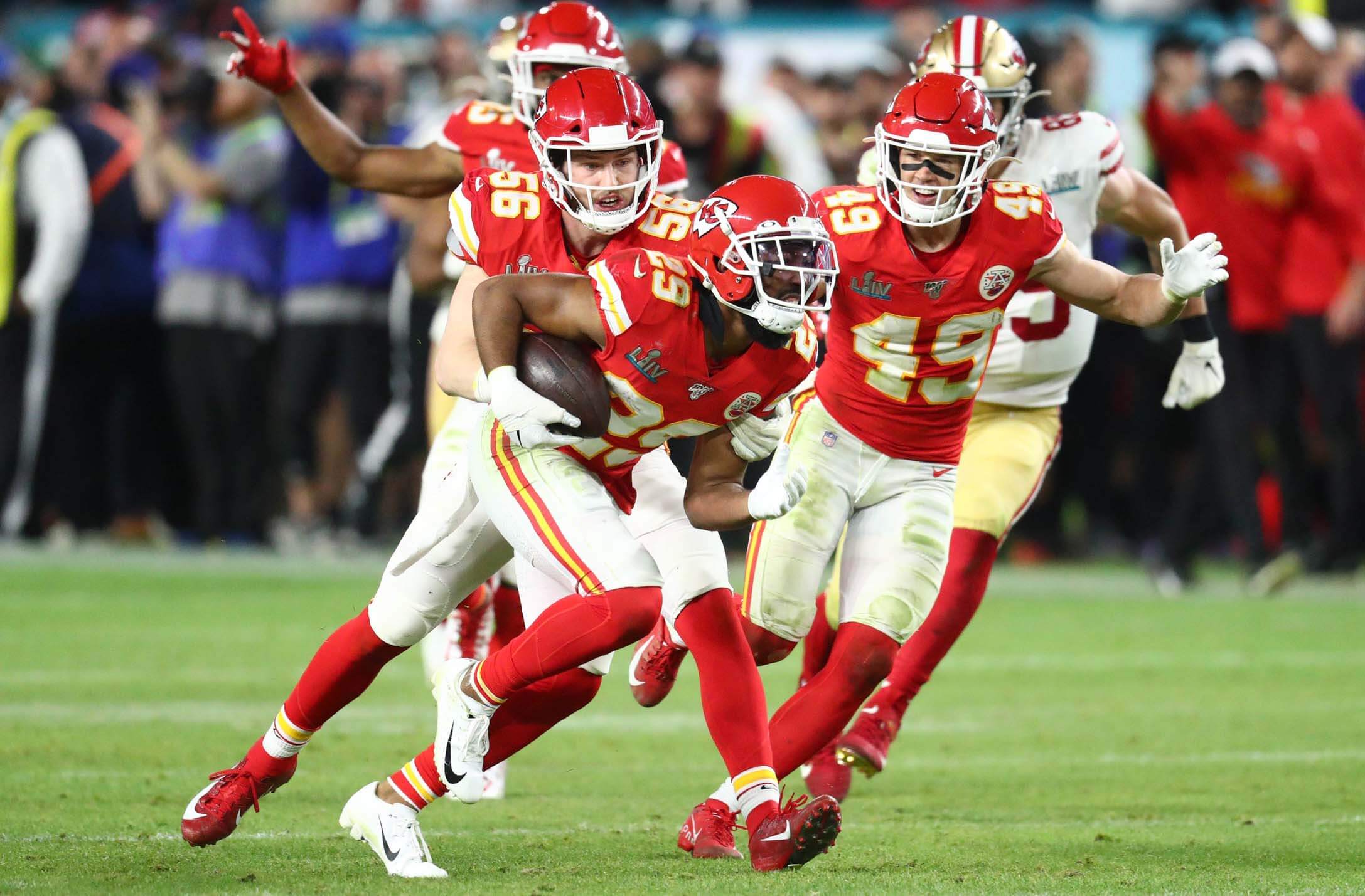 Kansas City Chiefs cornerback Kendall Fuller (29) celebrates with teammates after an interception against the San Francisco 49ers in the fourth quarter in Super Bowl LIV at Hard Rock Stadium.