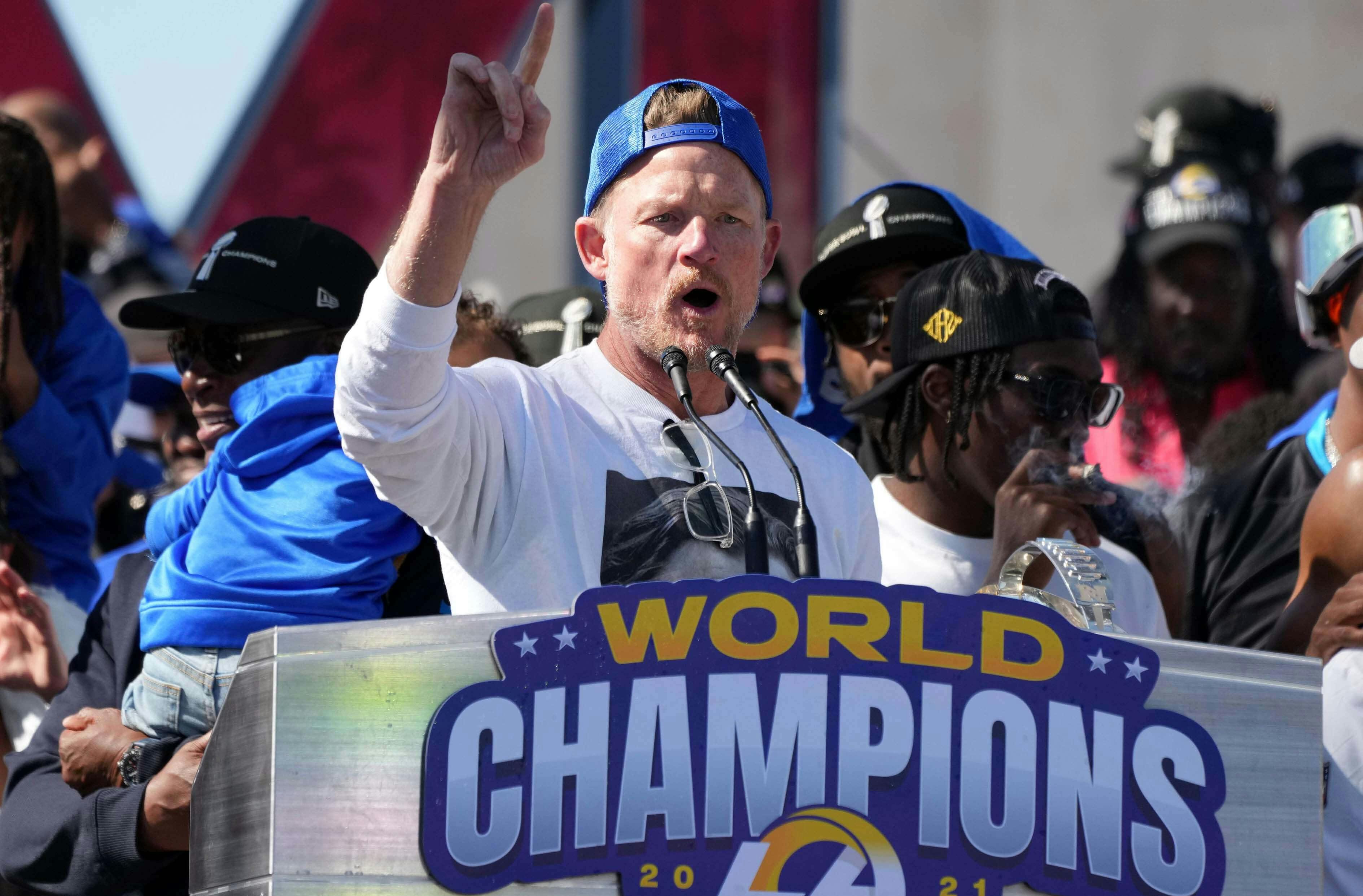 Los Angeles Rams general manager Les Snead speaks during Super Bowl LVI championship rally at the Los Angeles Memorial Coliseum.