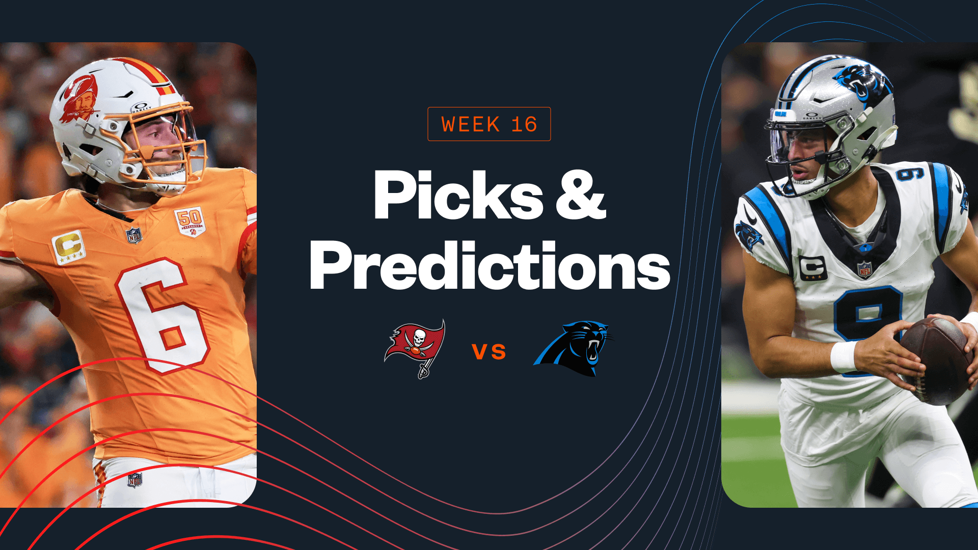 Promo image for Buccaneers vs. Panthers, including Baker Mayfield and Bryce Young.