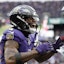 Baltimore Ravens wide receiver Zay Flowers (4) celebrates after scoring a touchdown against the Kansas City Chiefs during the first half in the AFC Championship football game at M&T Bank Stadium.
