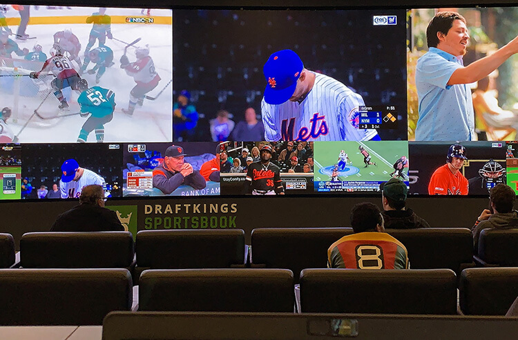 The video wall at DraftKings Sportsbook at Resorts, one of the best sportsbooks in Atlantic City, New Jersey.
