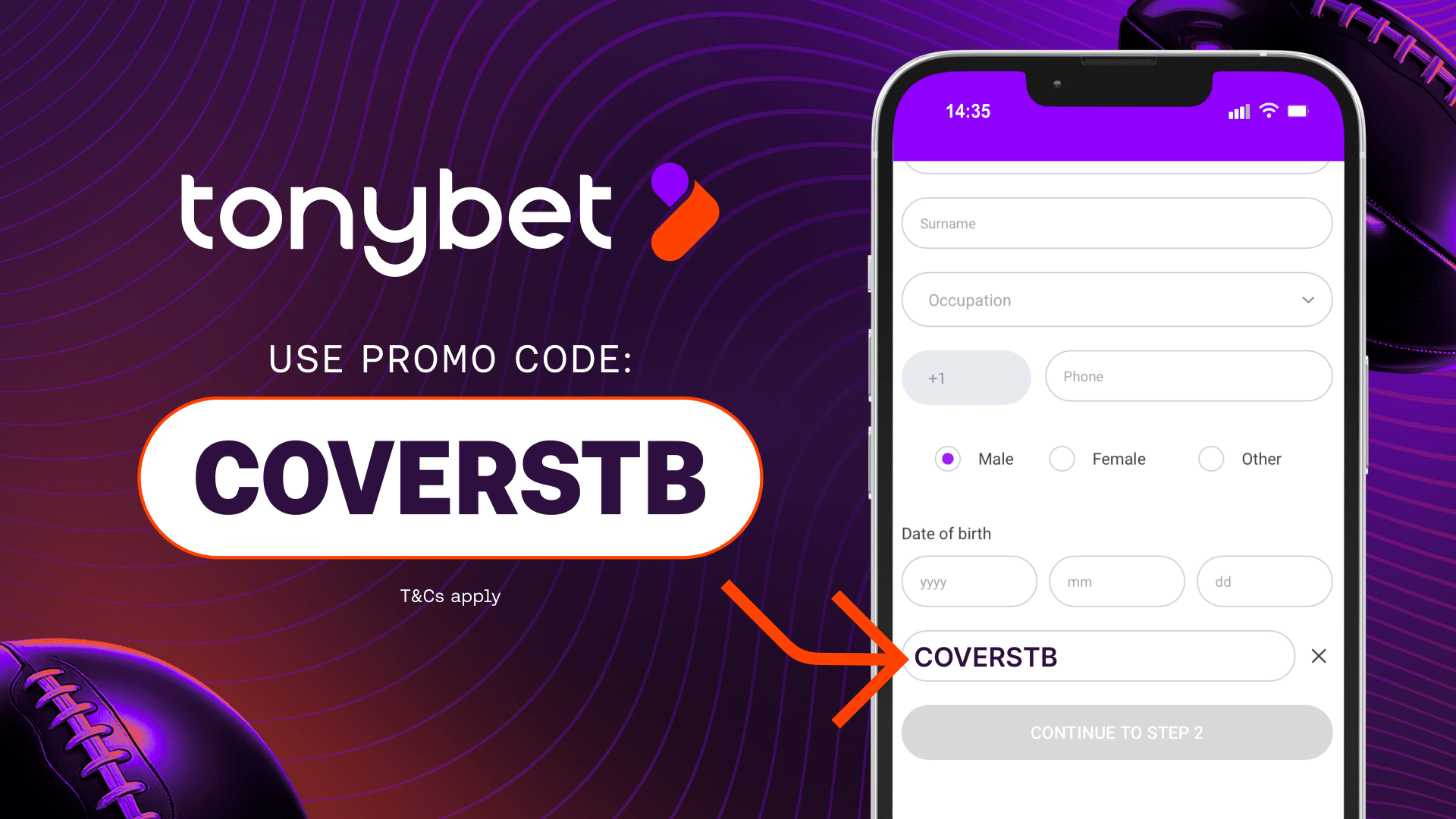 TonyBet Welcome Bonus Visual mit Promo-Code Einblendung